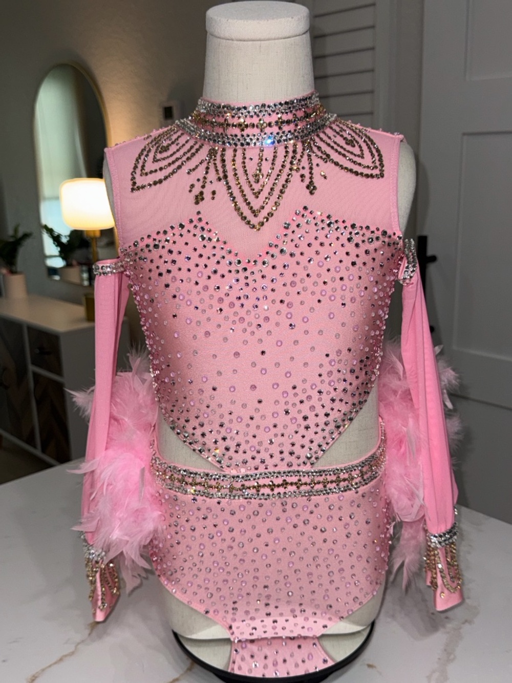 Dance Costume Light Pink Rhinestoned with Feathers and Arm Bands - Child Large